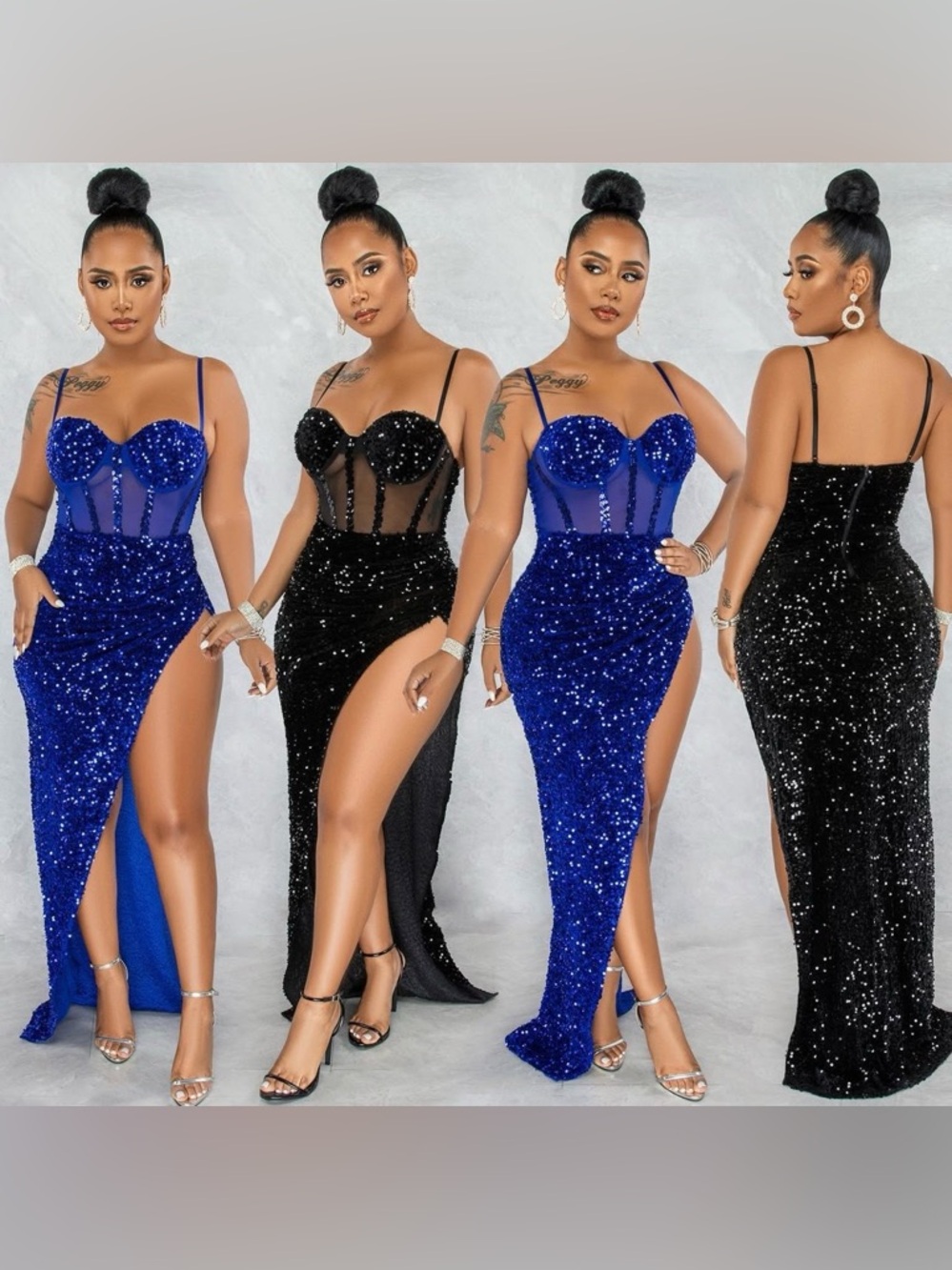 Sequin Mesh Corset High-Slit Evening Dress - Black Only
